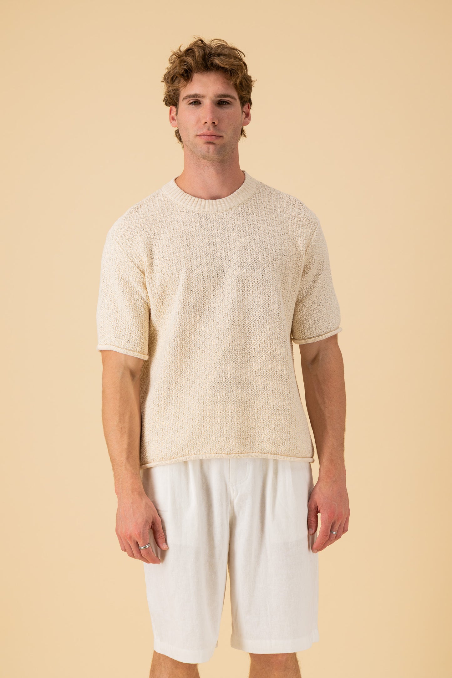 Boxy T-Shirt Cotton Knitwear Cream, front view