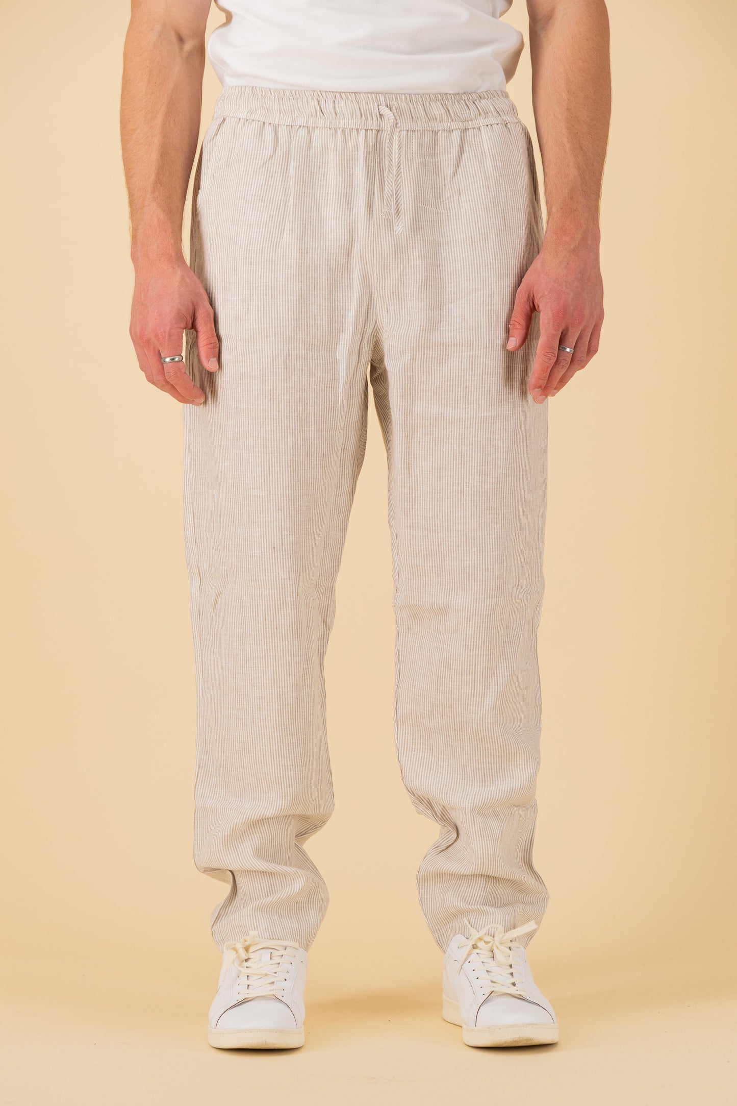 Comfort Pants 100% Linen Thin Stripe Sand, front view