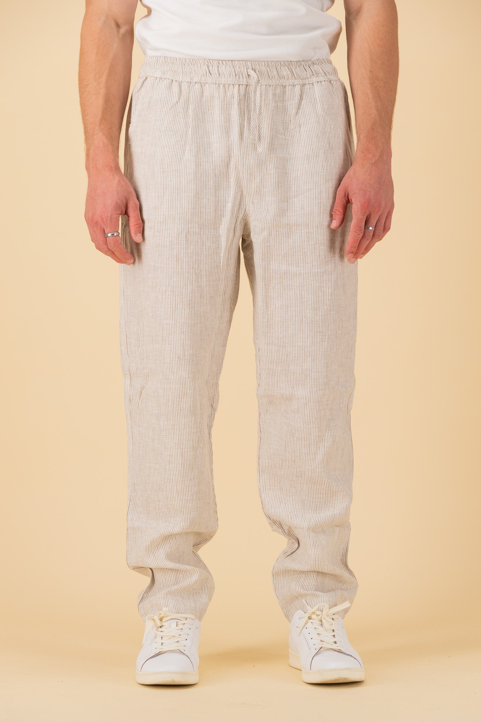 Comfort Pants 100% Linen Thin Stripe Sand, front view