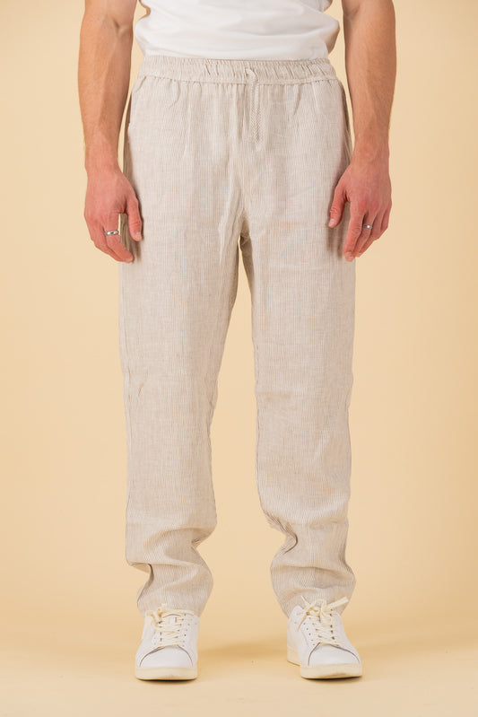 Comfort Pants 100% Linen Thin Stripe Sand, front view