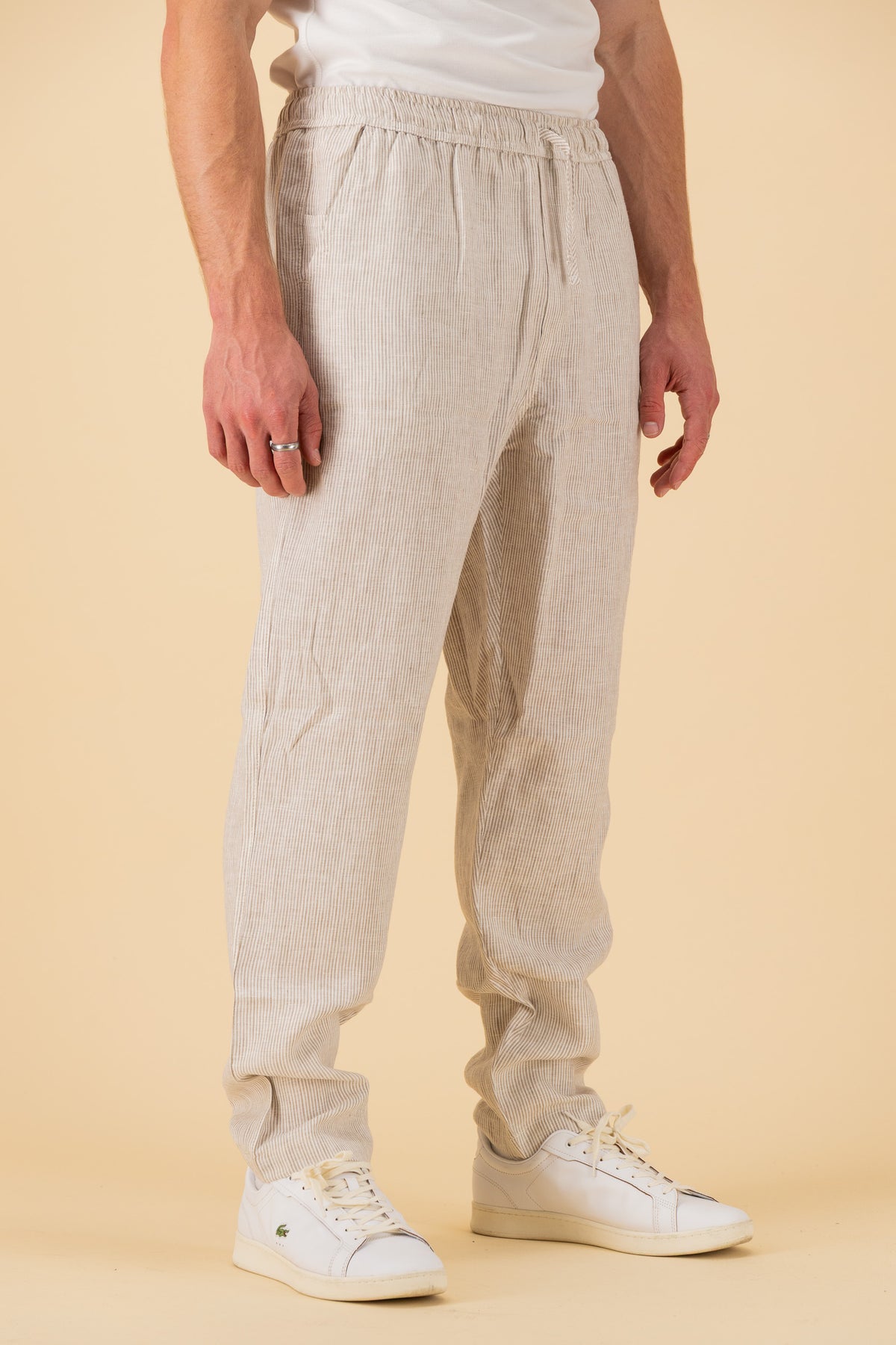 Comfort Pants 100% Linen Thin Stripe Sand, side view