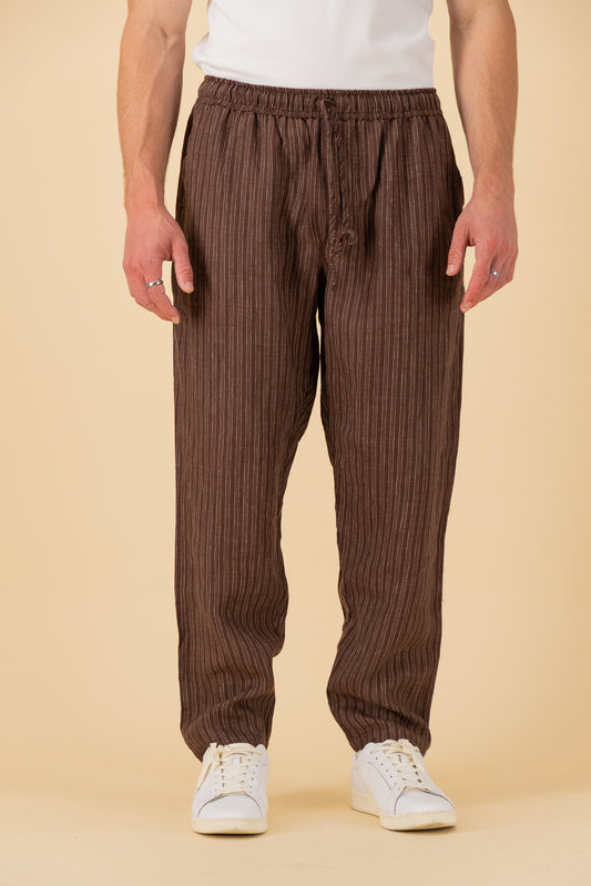 Comfort Pants 100% Linen Ticking Stripe Chocolate, front view