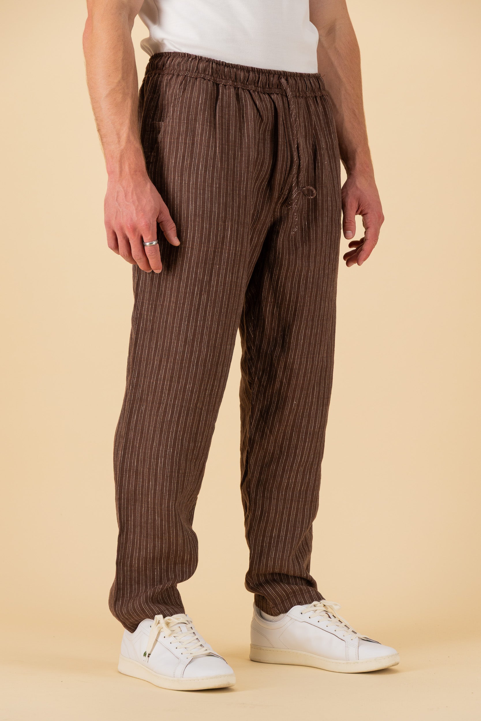 Comfort Pants 100% Linen Ticking Stripe Chocolate, side view