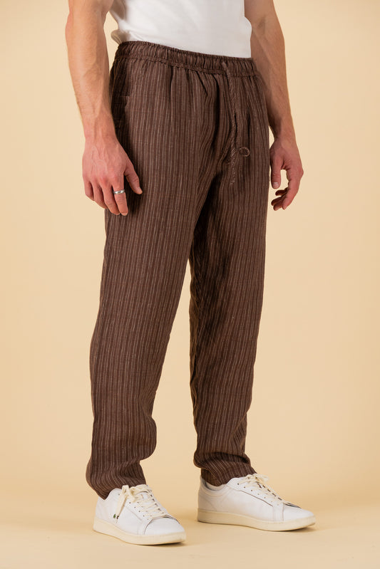 Comfort Pants 100% Linen Ticking Stripe Chocolate, side view