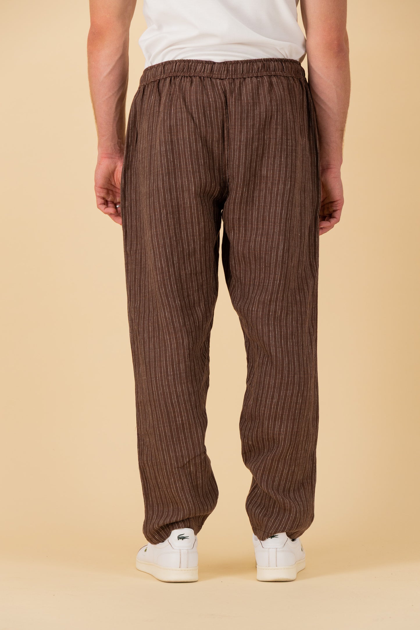Comfort Pants 100% Linen Ticking Stripe Chocolate, back view