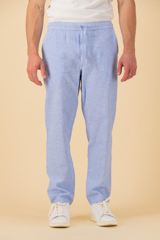 Comfort Pants Linen Cotton Thin Stripe Sky, front view
