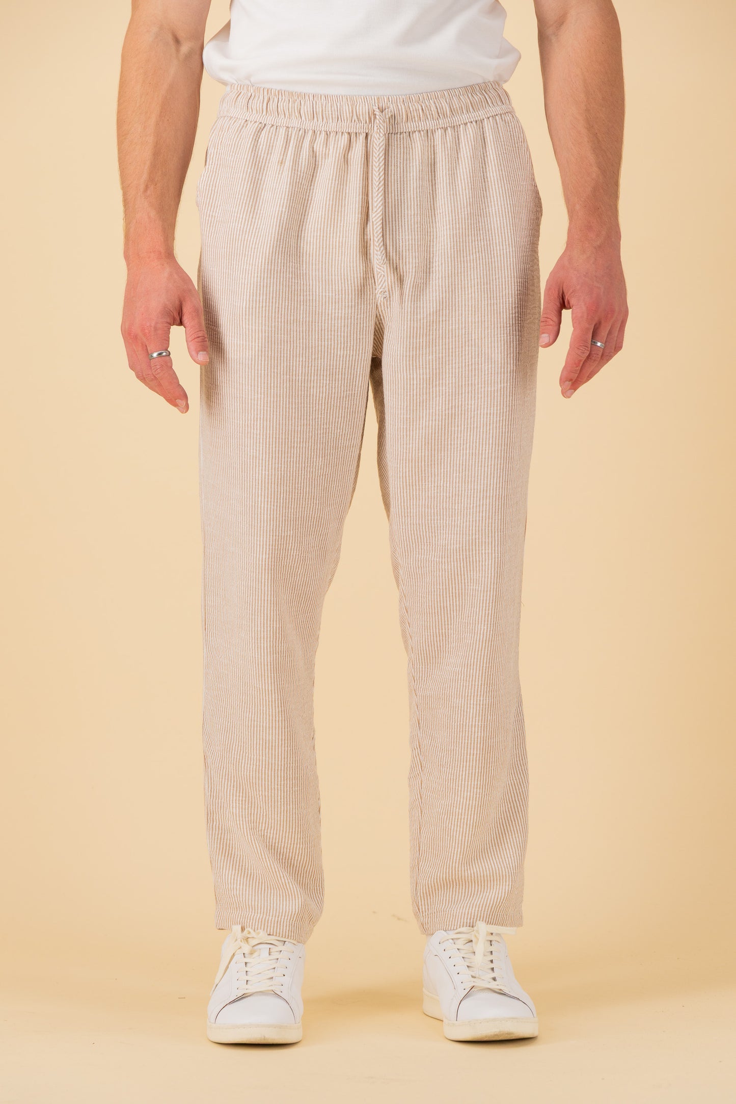 Comfort Pants Nylon Rayon Thin Stripe Mocha, front view