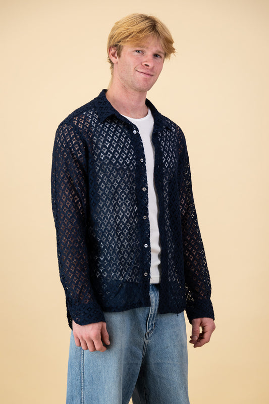 LS Shirt Lace Cotton Navy