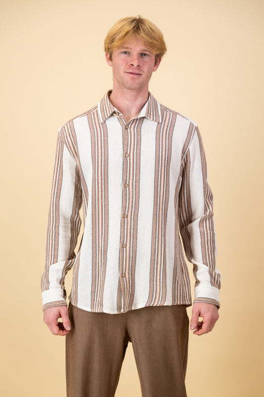 Cotton LS Shirt Retro Stripe Brown