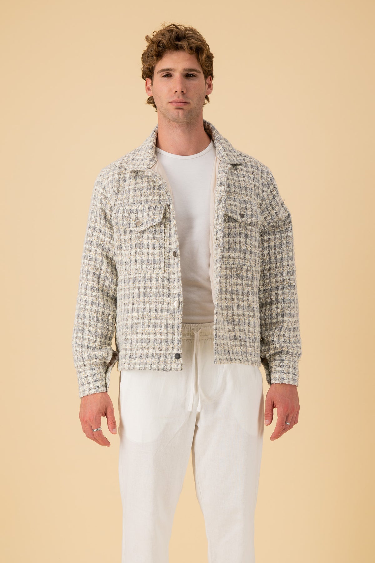Jeans Jacket Acrylic Tweed Grey & Cream, front view