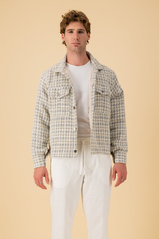 Jeans Jacket Acrylic Tweed Grey & Cream, front view