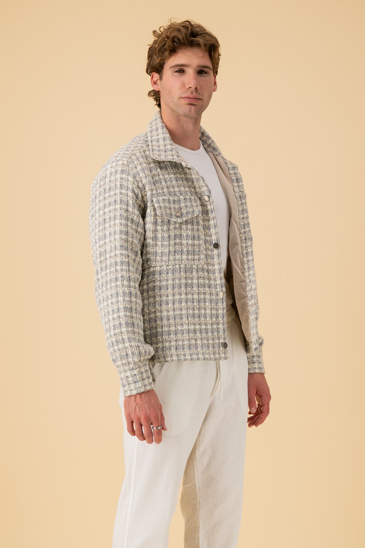 Jeans Jacket Acrylic Tweed Grey & Cream, side view