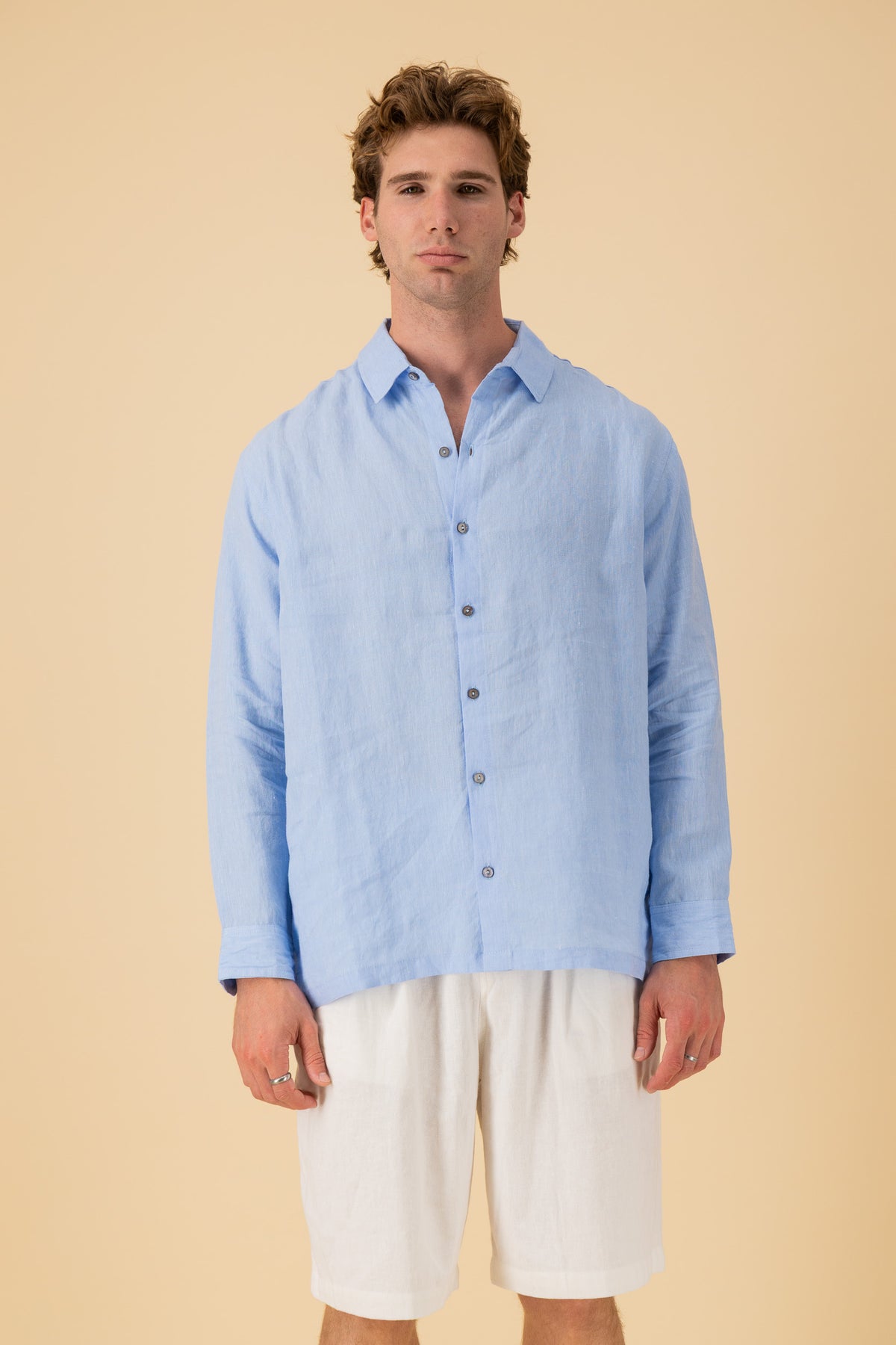 LS Shirt Boxy 100% Linen Sky Marle, front view