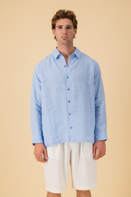 LS Shirt Boxy 100% Linen Sky Marle, front view
