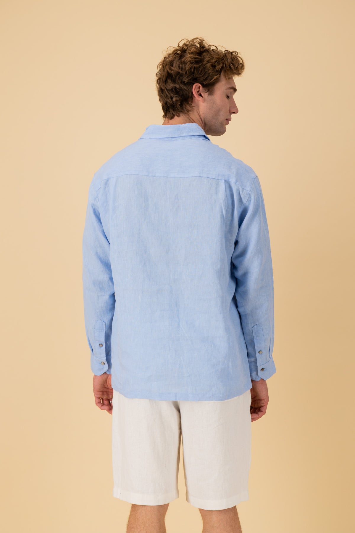 LS Shirt Boxy 100% Linen Sky Marle, back view