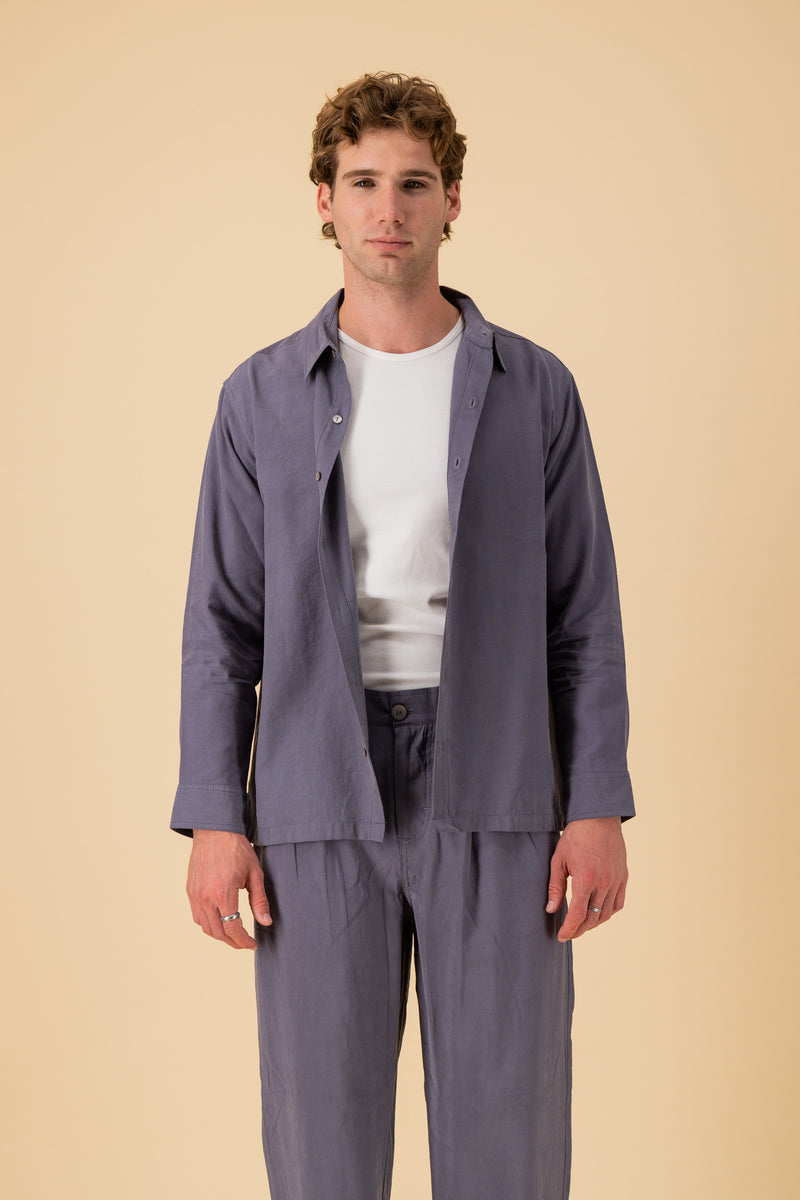 LS Shirt Boxy Lyocell Petrol Blue, front view