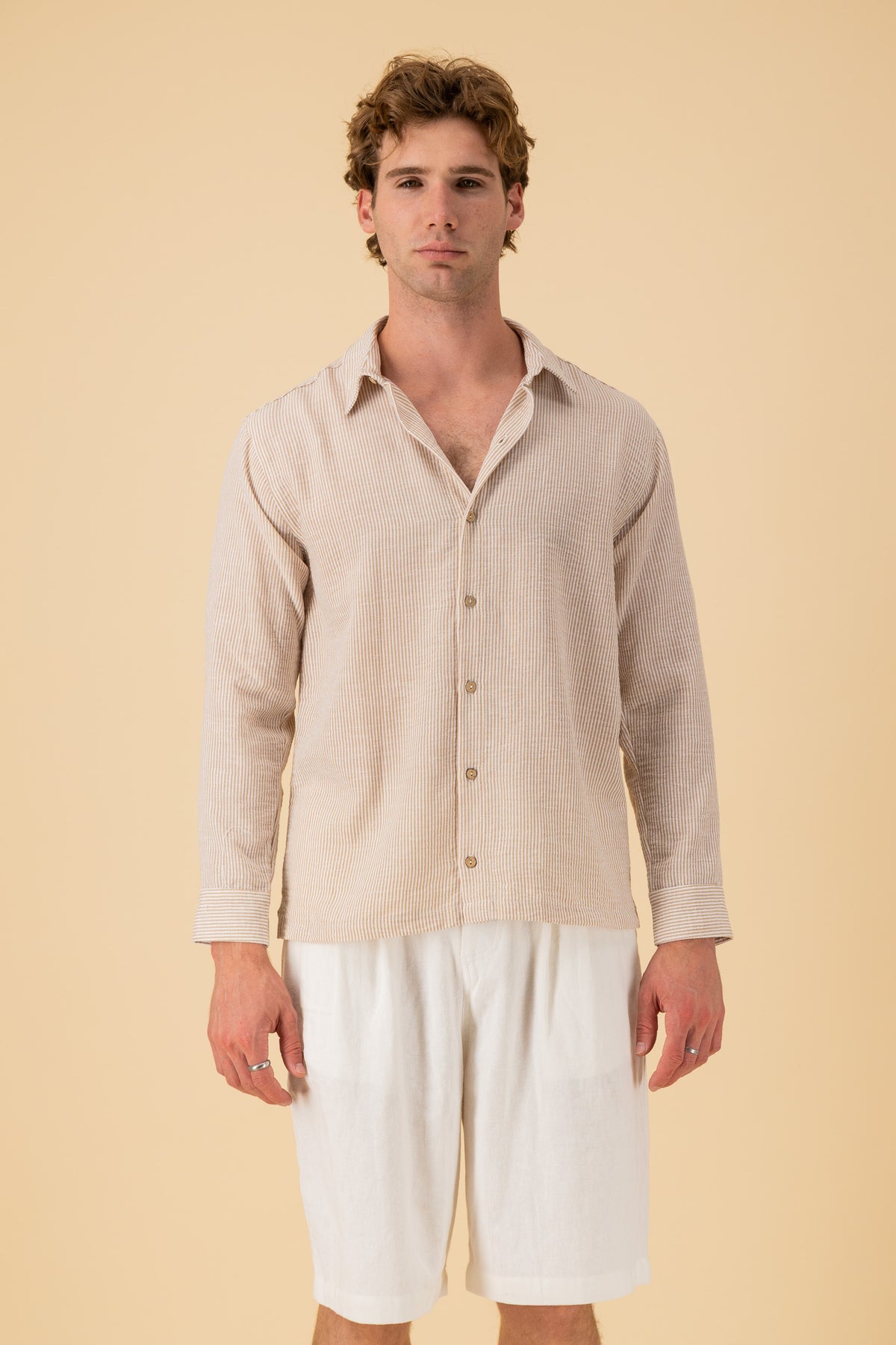 LS Shirt Boxy Nylon Rayon Stripe Mocha, front view