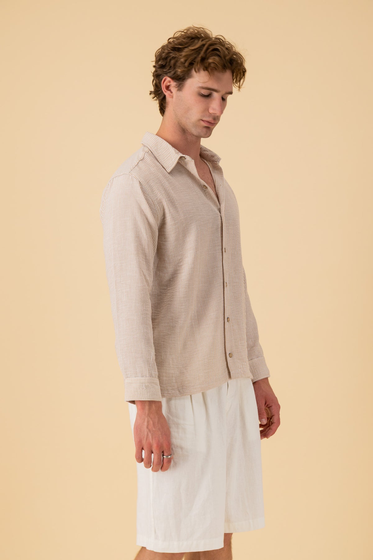 LS Shirt Boxy Nylon Rayon Stripe Mocha, side view