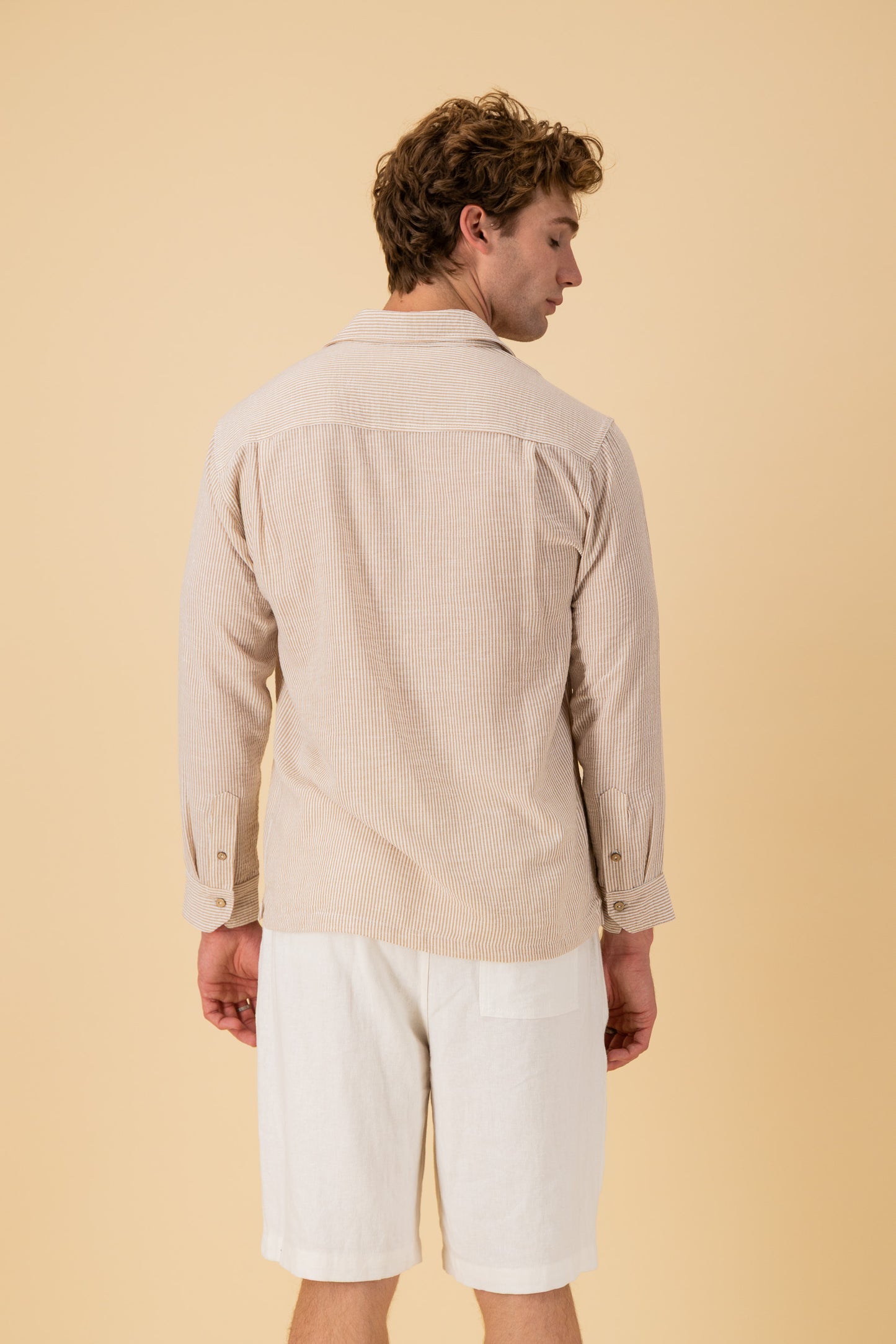 LS Shirt Boxy Nylon Rayon Stripe Mocha, back view