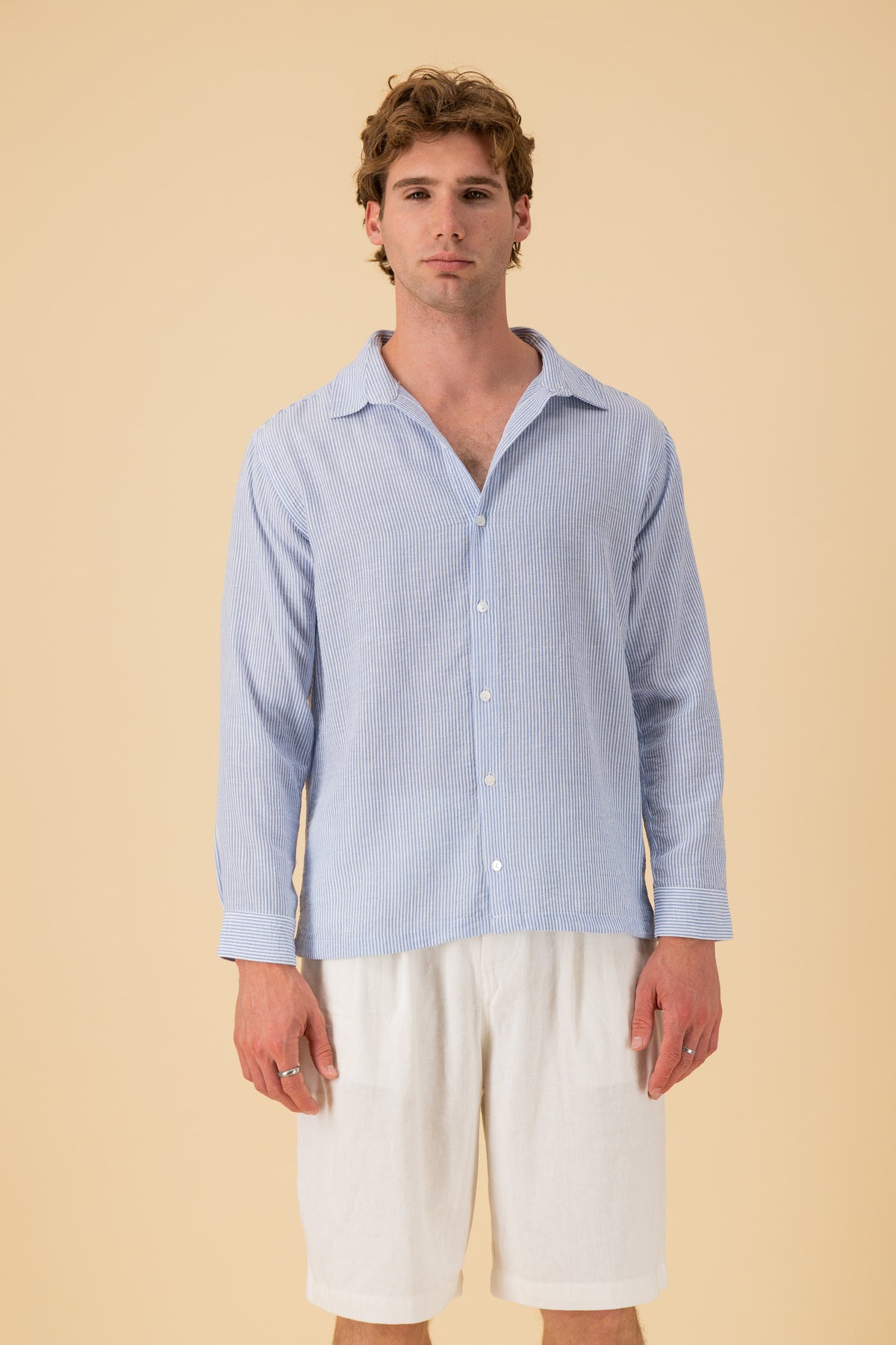 LS Shirt Boxy Nylon Rayon Stripe Sky, front view