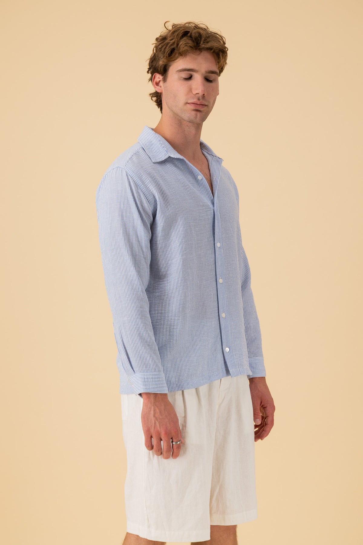 LS Shirt Boxy Nylon Rayon Stripe Sky, side view