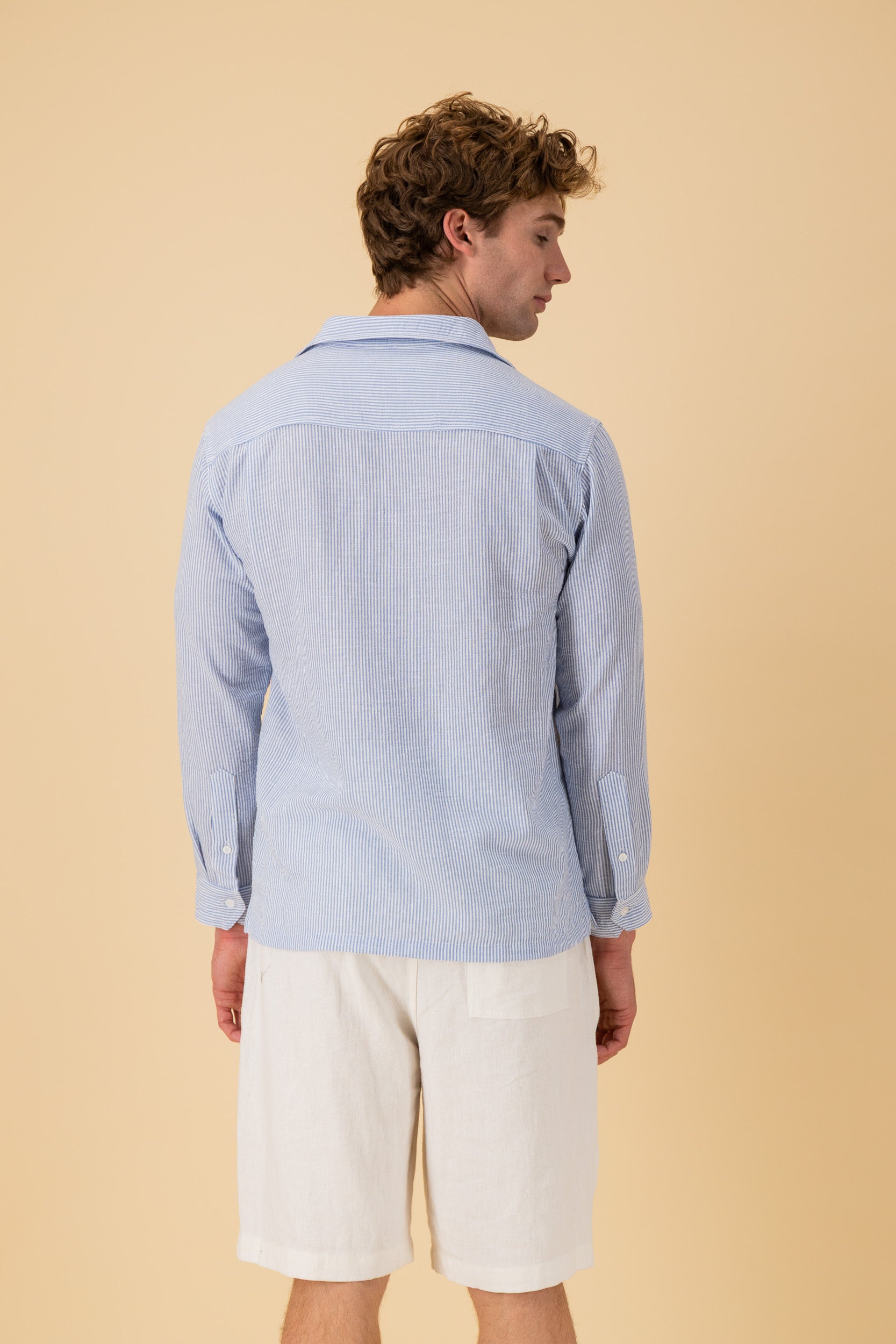 LS Shirt Boxy Nylon Rayon Stripe Sky, back view
