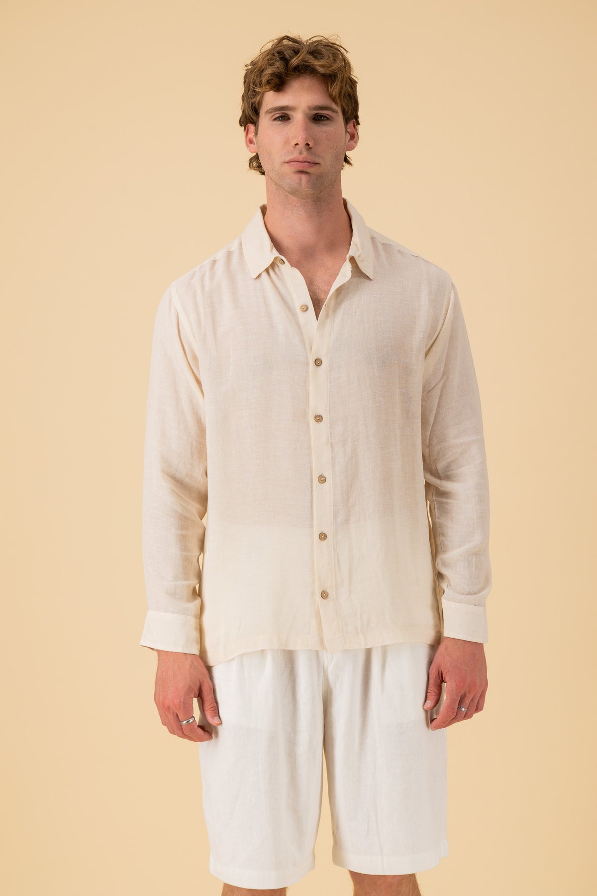 LS Shirt Boxy Rayon Muslin Cream, front view