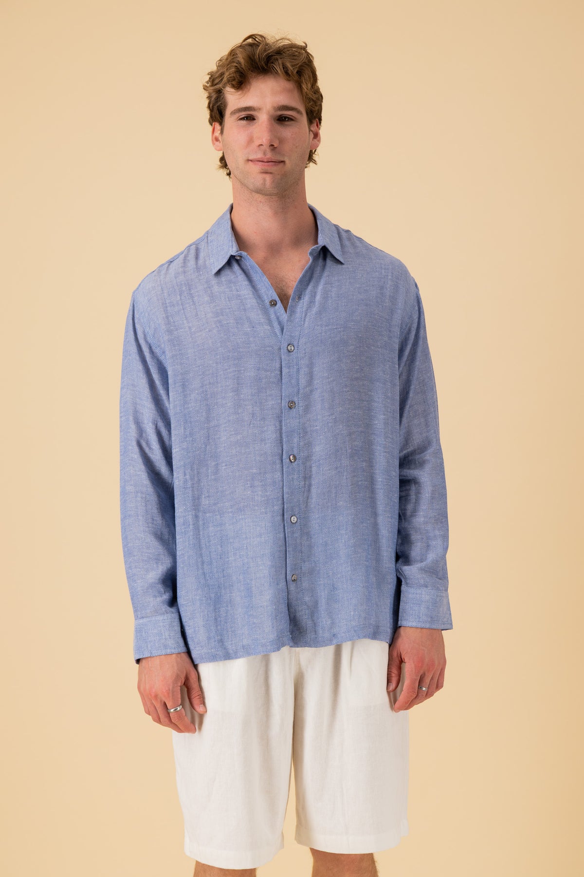 LS Shirt Boxy Rayon Muslin Denim, front view
