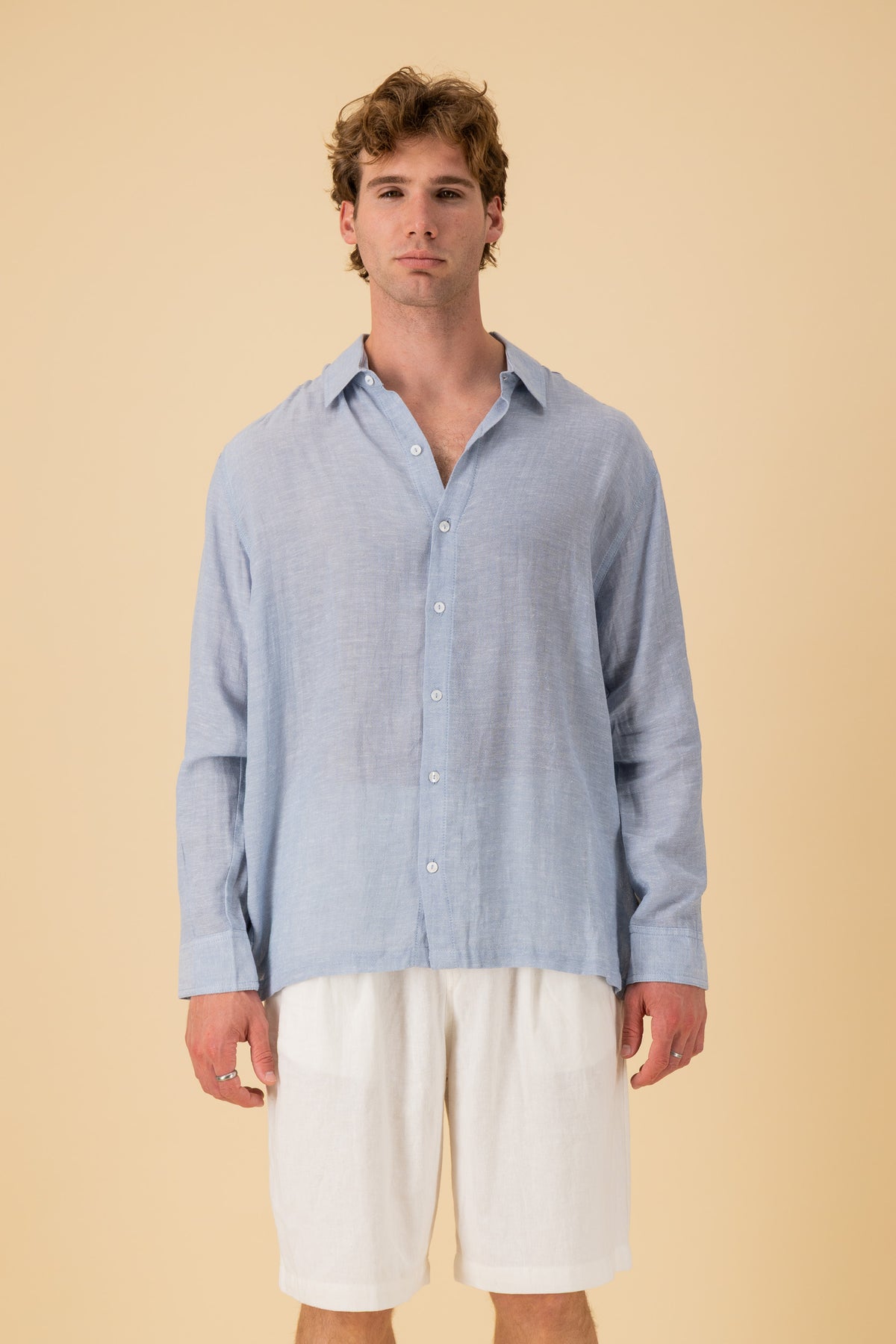 LS Shirt Boxy Rayon Muslin Sky, front view