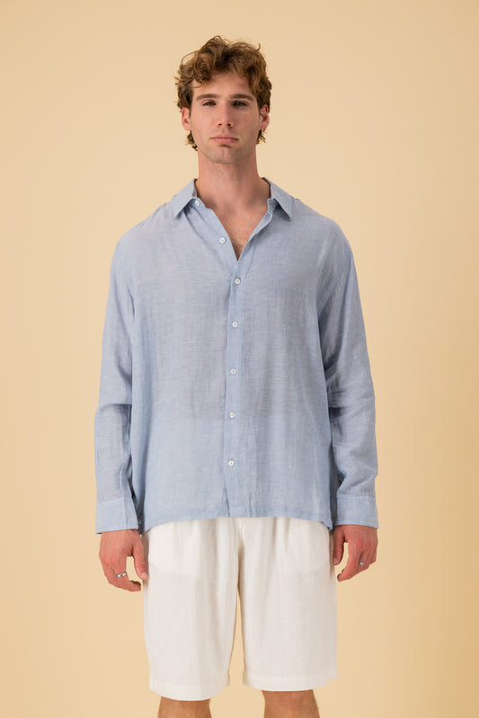 LS Shirt Boxy Rayon Muslin Sky, front view