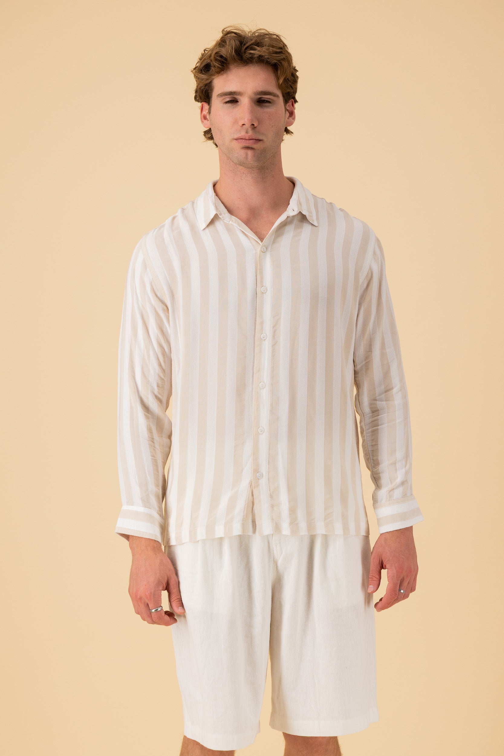 LS Shirt Boxy Viscose Mesh Stripe Sand, front view