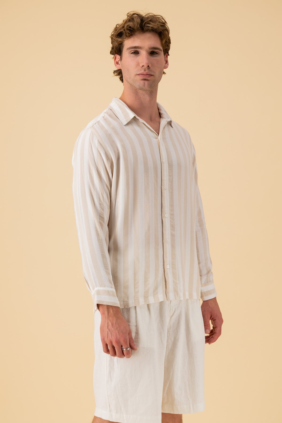 LS Shirt Boxy Viscose Mesh Stripe Sand, side view