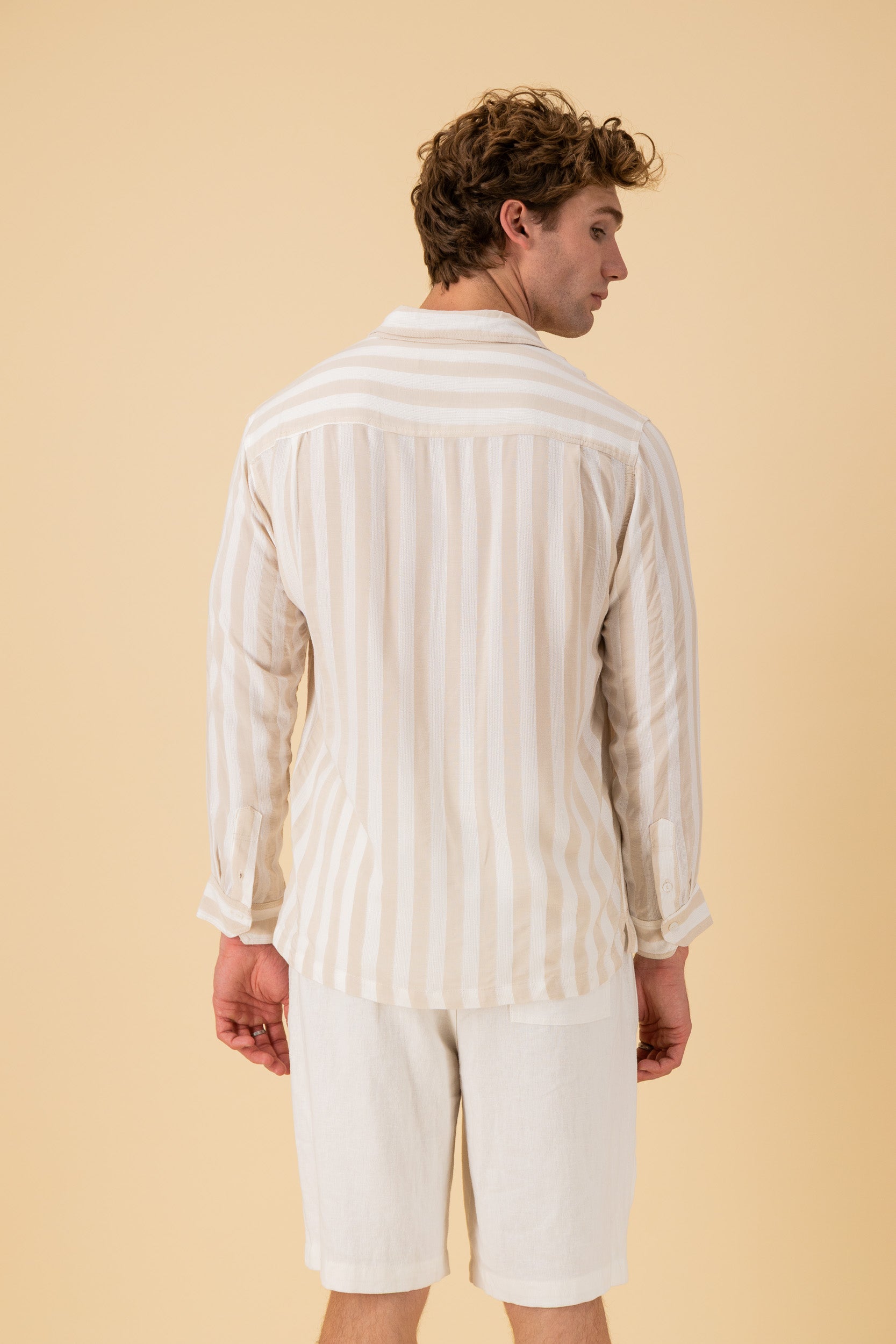 LS Shirt Boxy Viscose Mesh Stripe Sand, back view