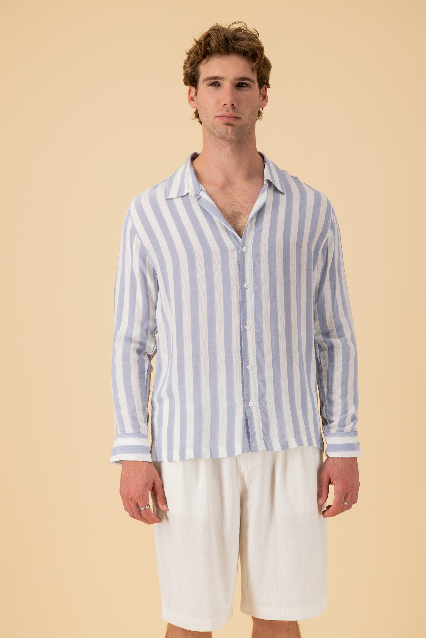 LS Shirt Boxy Viscose Mesh Stripe Sky, front view