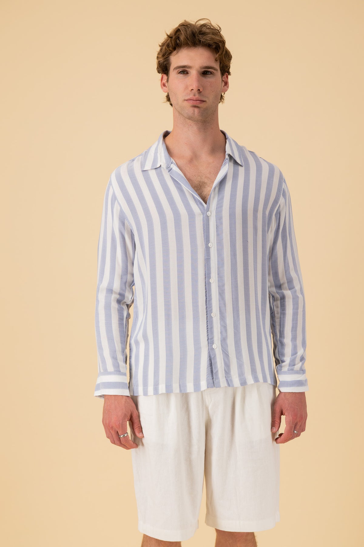 LS Shirt Boxy Viscose Mesh Stripe Sky, front view