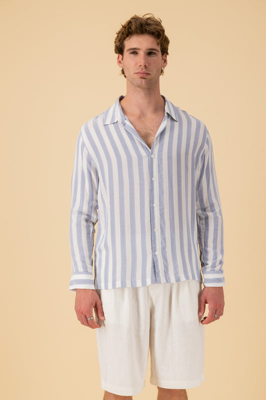 LS Shirt Boxy Viscose Mesh Stripe Sky, front view