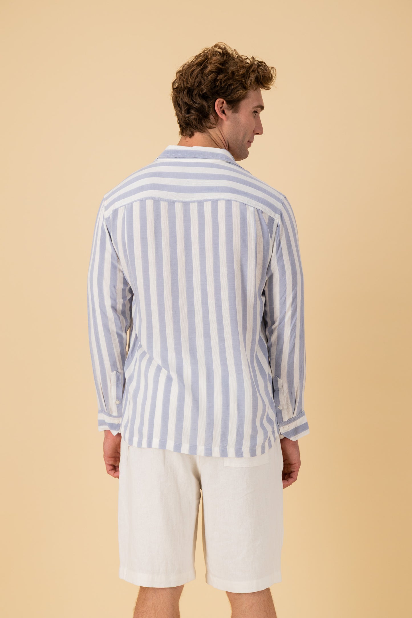 LS Shirt Boxy Viscose Mesh Stripe Sky, back view