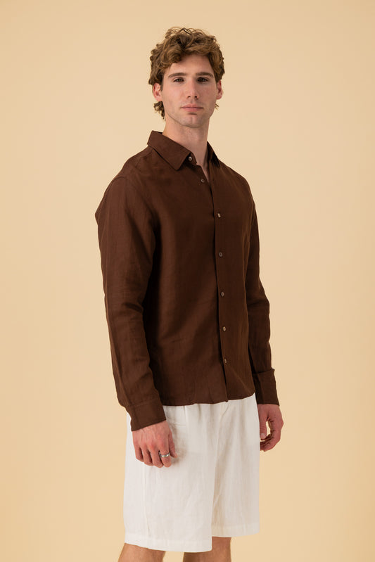 LS Shirt Regular Linen Viscose Chocolate, side view