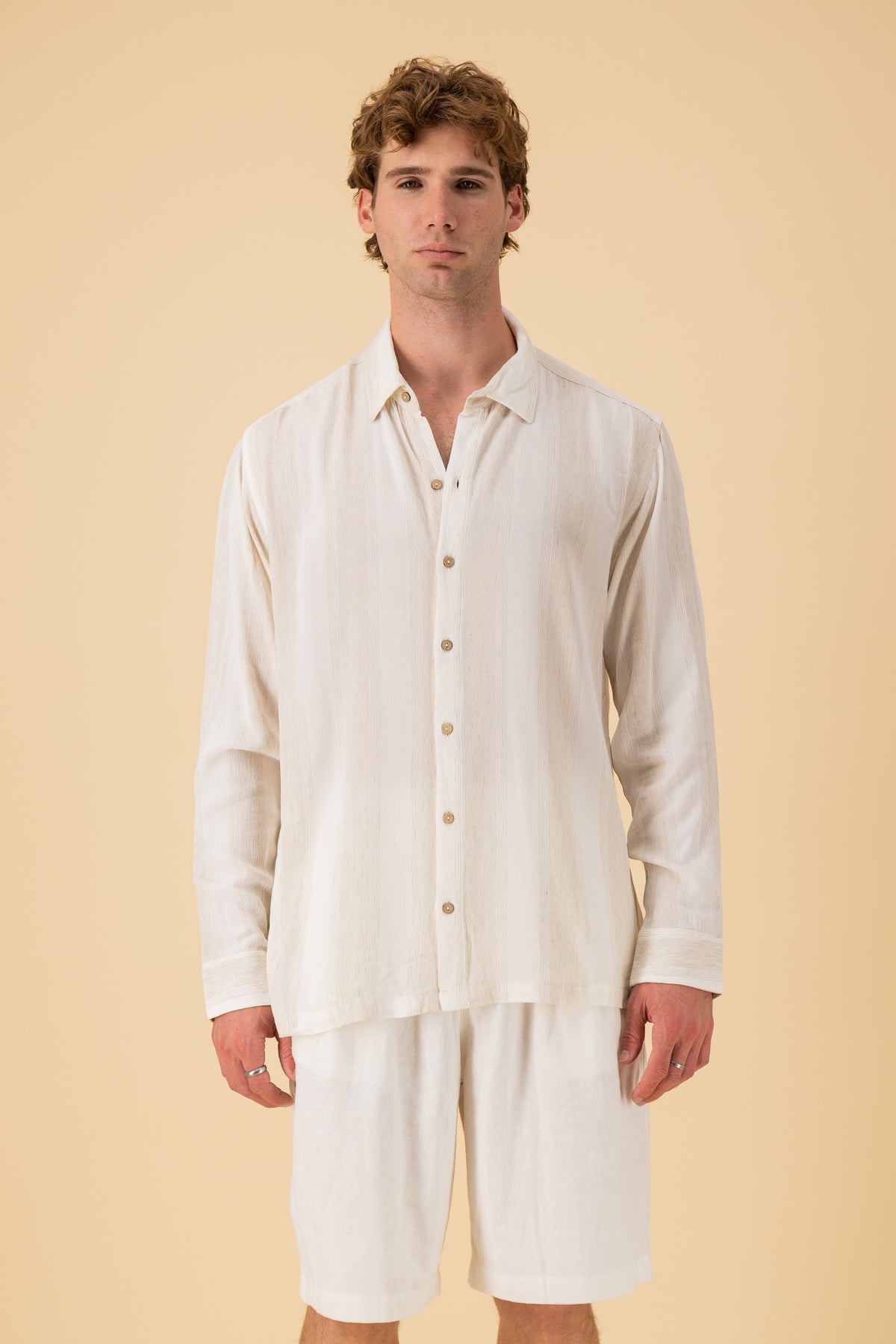 LS Shirt Regular Viscose Crepe Muslin Stripe Off-White, front view