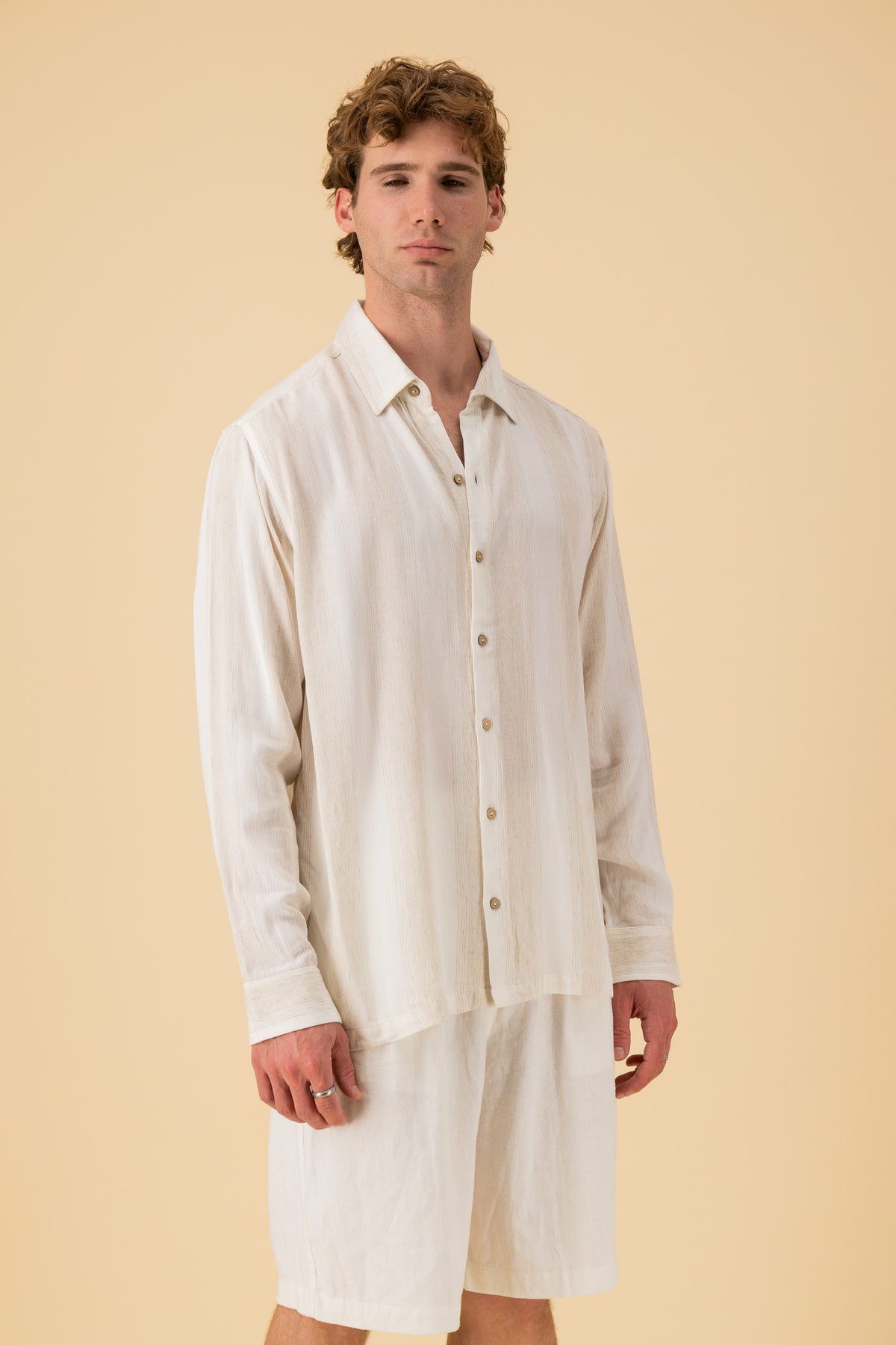 LS Shirt Regular Viscose Crepe Muslin Stripe Off-White, side view