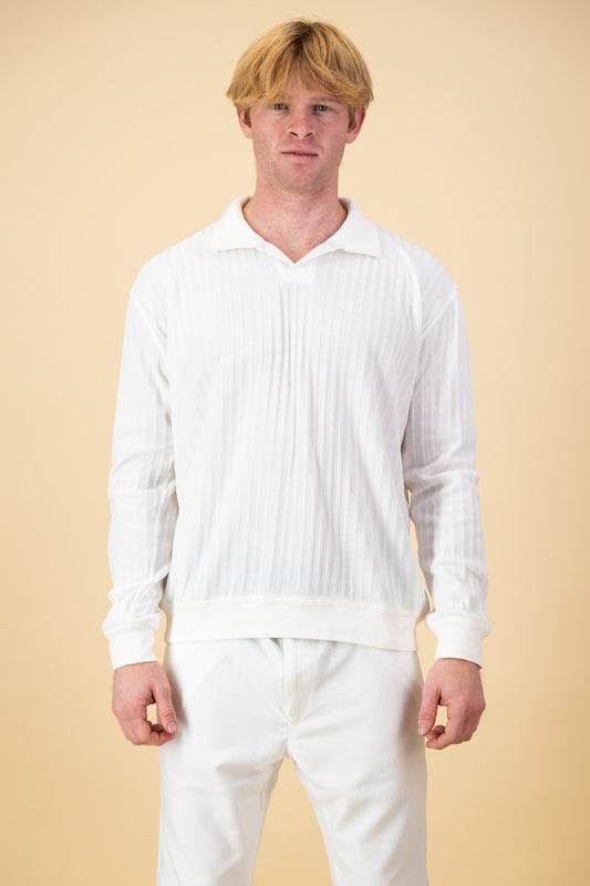 Poly Wide Rib LS Polo White