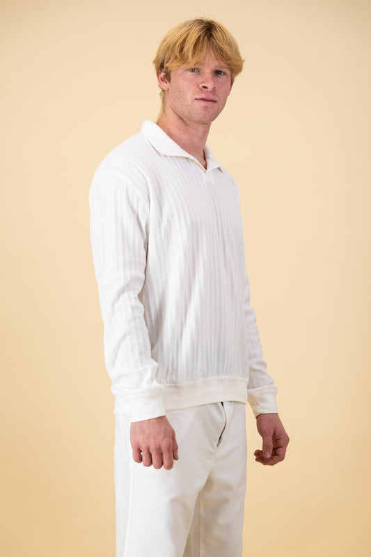 Poly Wide Rib LS Polo White