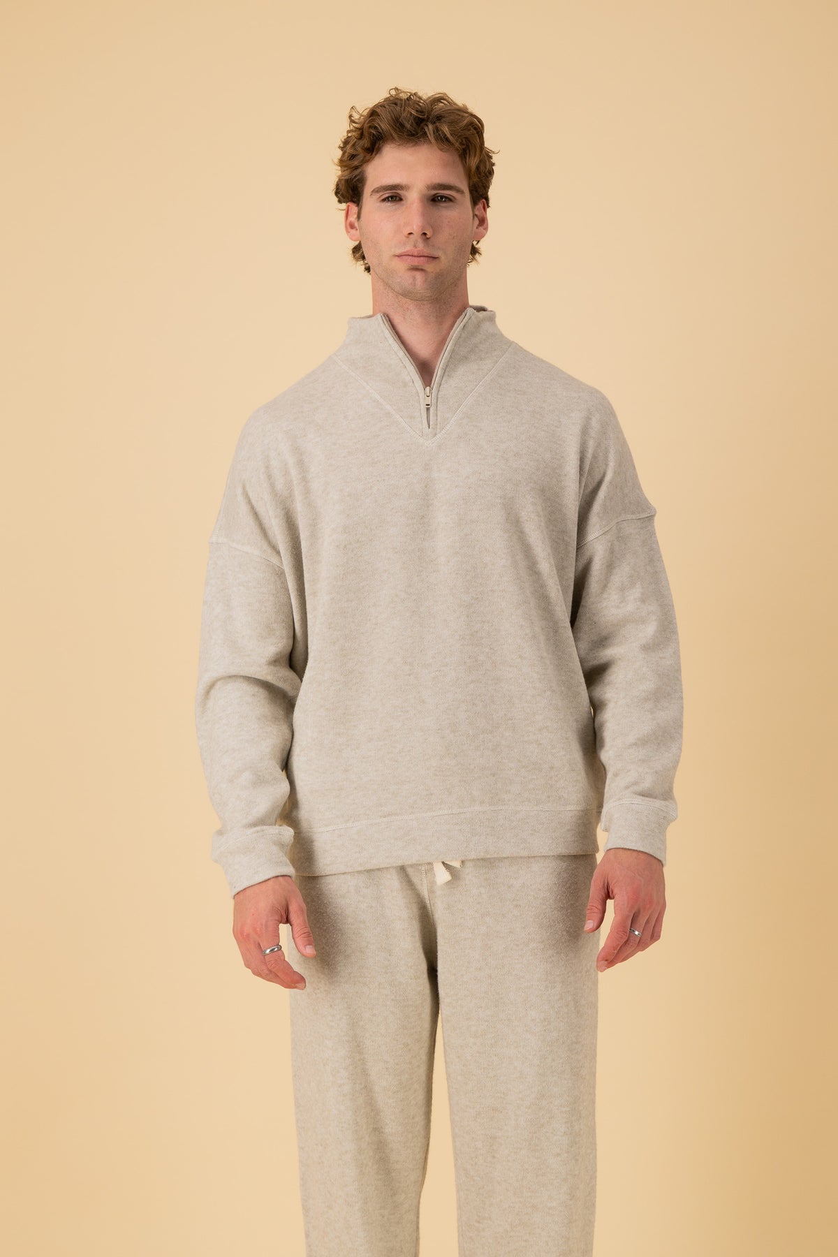 Quarter Zip Cashmere-Feel Oat, front view