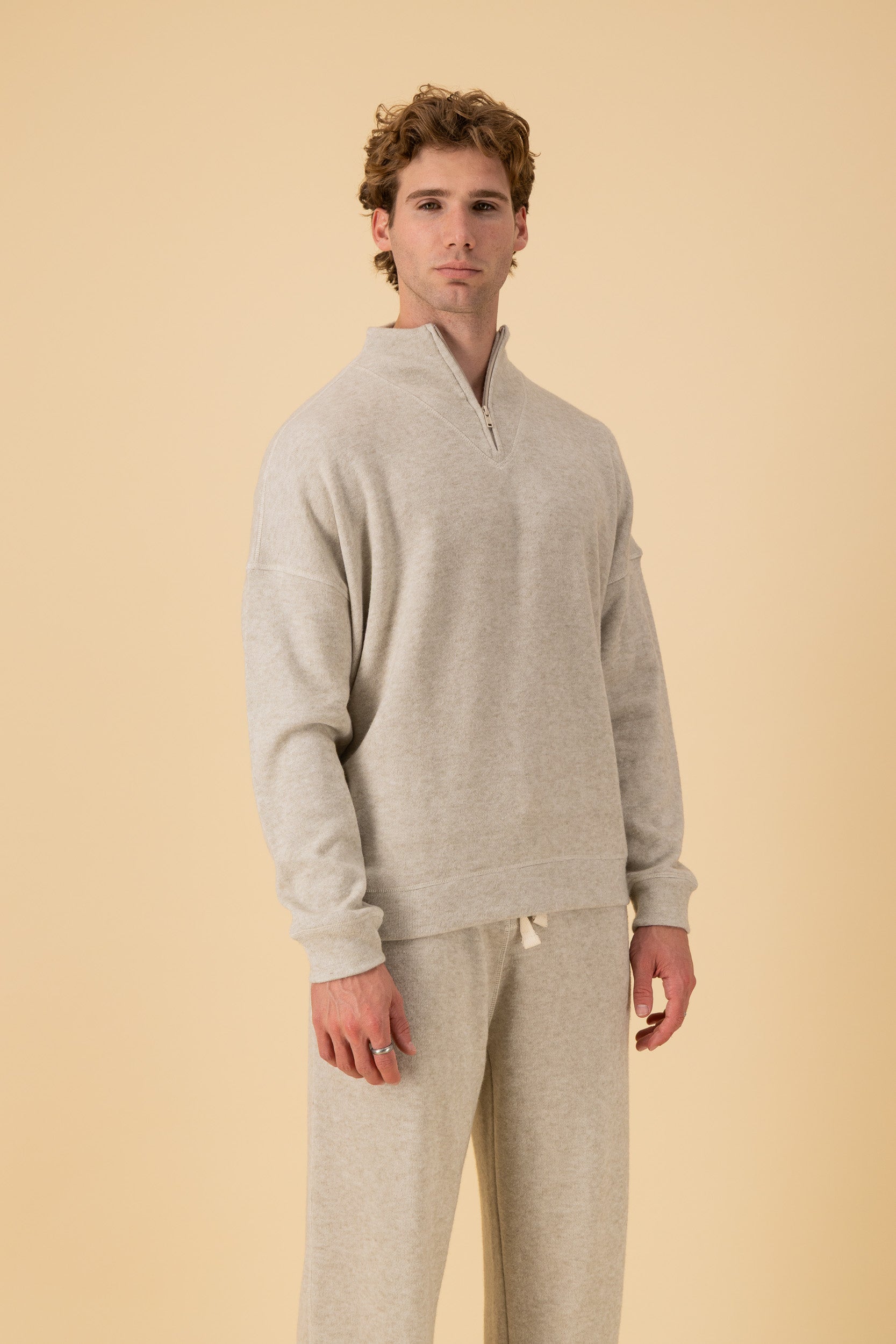 Quarter Zip Cashmere-Feel Oat, side view