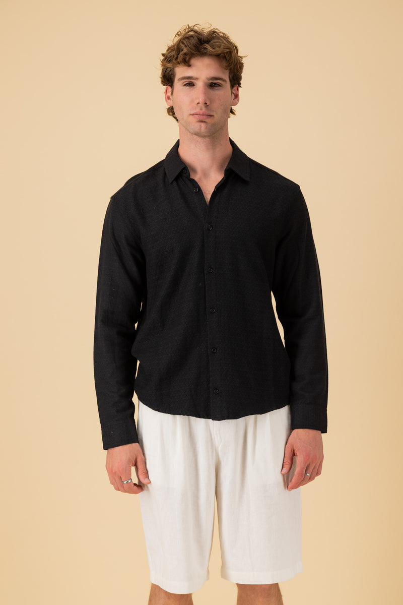 LS Shirt Regular Linen Rayon Diamond Dobby Black, front view