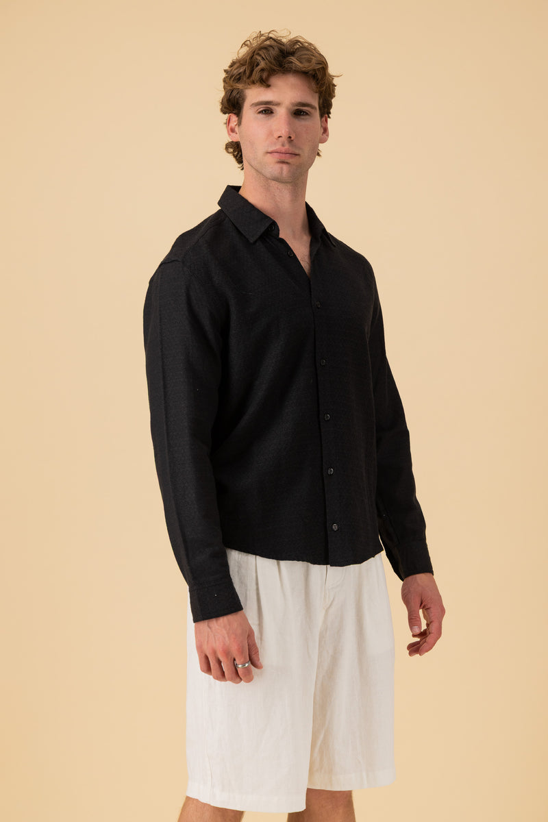 LS Shirt Regular Linen Rayon Diamond Dobby Black, side view