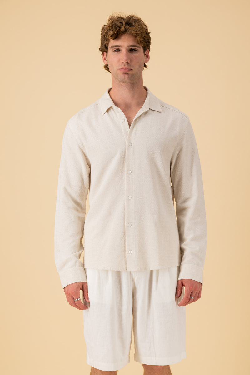 LS Shirt Regular Linen Rayon Diamond Dobby Cream, front view