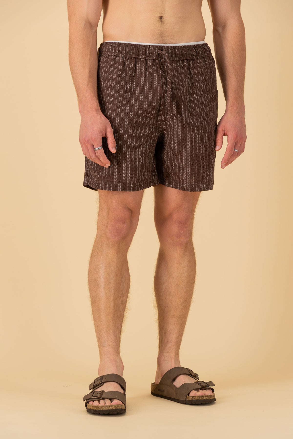 Shorts 100% Linen Chocolate Ticking Stripe, front view