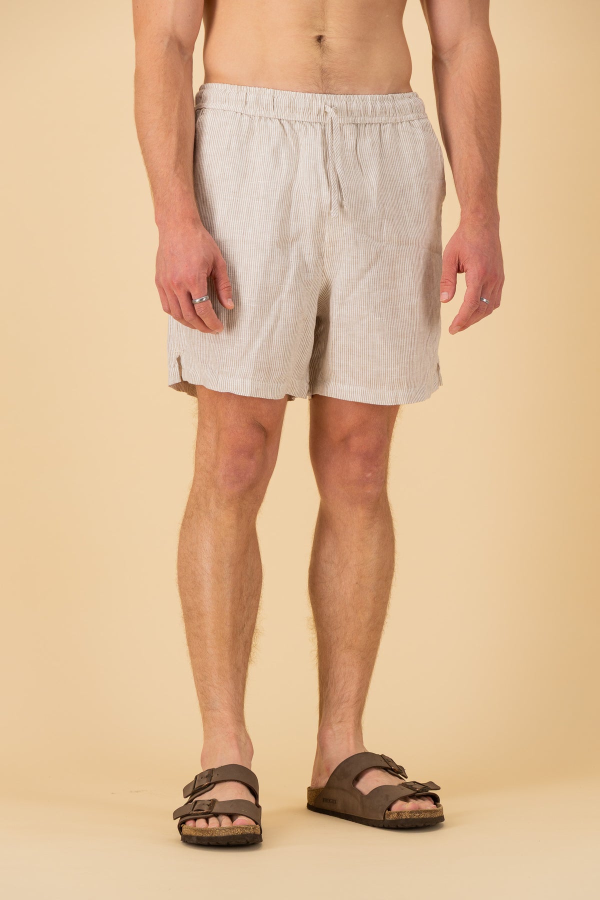Shorts 100% Linen Thin Stripe Sand, front view