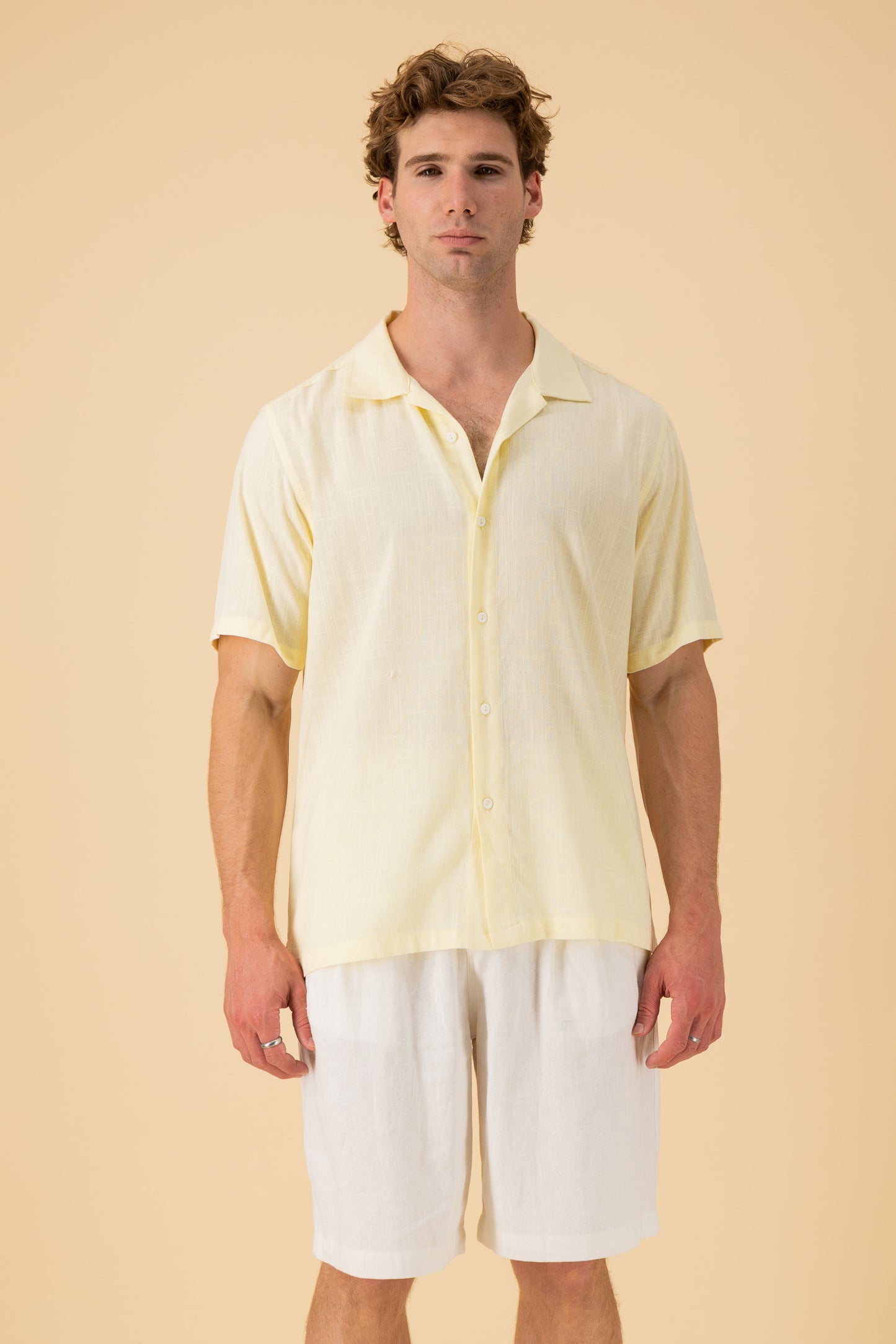 SS Shirt Linen Viscose Slub Pale Yellow, front view